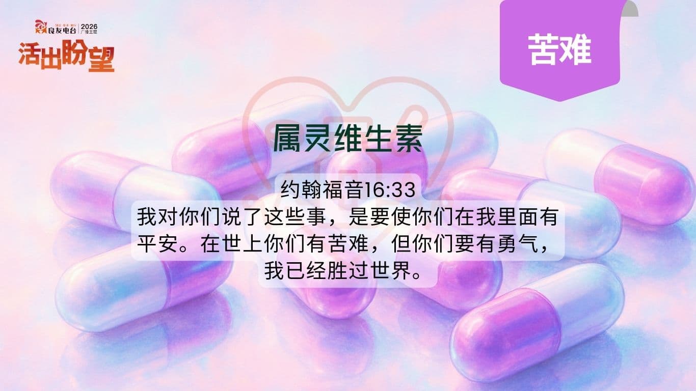 約翰福音16:33說：「我對你們說了這些事，是要使你們在我裡面有平安。在世上你們有苦難，但你們要有勇氣，我已經勝過世界。」
